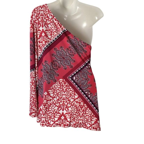 Chico's One Shoulder Blouse Slinky Stretchy Paisley Scarf Print Size 3 (XL) Pink - Picture 3 of 16